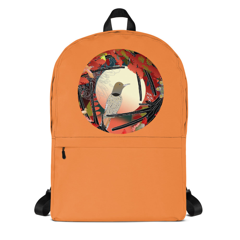 Fall back to school back pack showing a Northern Flicker behind a Harvest Moon from ECOlogical Calendar by Chris Hardman.