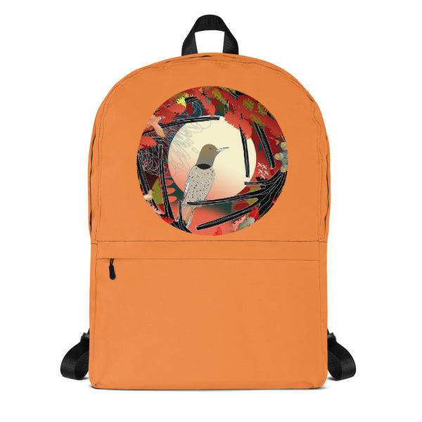 Fall back to school back pack showing a Northern Flicker behind a Harvest Moon from ECOlogical Calendar by Chris Hardman.